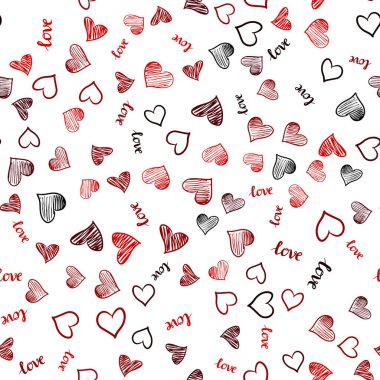 Koyu kırmızı vektör kusursuz arka plan, aşk sözcükleri, kalpler. Aşk sözcükleriyle ilüzyon, soyut tarzda kalpler. Duvar kağıdı ve kumaş yapımcıları için tasarım.