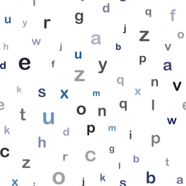 Koyu mavi vektör Abc karakterlerle sorunsuz doku. Abc İngilizce sembolleri ile modern geometrik şekil. Desen için modaya uygun Kumaş, duvar kağıtları.