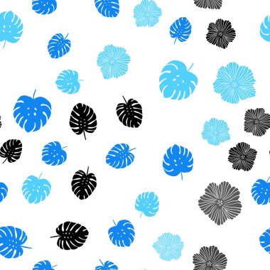 Hafif mavi vektör sorunsuz doğal zemin çiçekler, yapraklar ile. Bulanık stil yaprakları, çiçekleri ile yaratıcı çizimde. Doku pencere panjur, perdeler için.