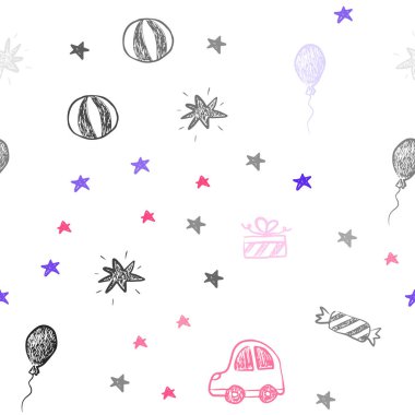 Pembe ışık, karnaval stil vektör sorunsuz şablonunda mavi. İllüstrasyon renkli oyuncak araba, balon, şeker, yıldız, top ile. Şablon için yeni yıl kartpostalları.