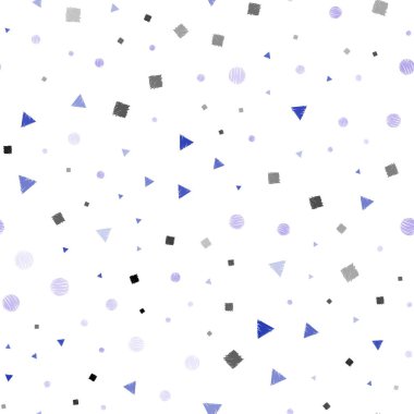 Pembe ışık, daireler, çizgiler, dikdörtgenler vektör sorunsuz düzeniyle mavi. Renkli daireler, üçgenler, kareler kümesiyle Illustration. Duvar kağıdı, kumaş üreticileri için modaya uygun bir tasarım.