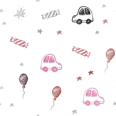 Hafif pembe, kırmızı vektör sorunsuz doku Doğum günü tarzı. Bir oyuncak araba, balon, şeker, yıldız, top ile xmas tarzında dizayn. Karnaval, festival reklamlar için desen.