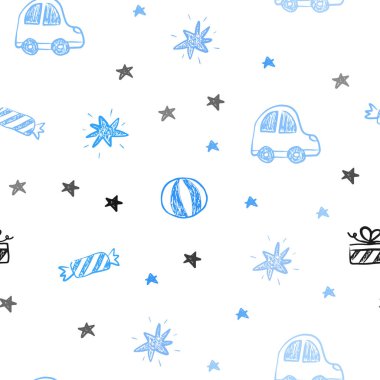 Hafif mavi vektör sorunsuz zemin tatil tarzı. Bir oyuncak araba, balon, şeker, yıldız, top ile illüstrasyon parlayan. Doğum günü hediyeleri için desen.