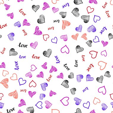 Açık mavi, kırmızı vektör metin Love You, sorunsuz şablonuyla kupa. Aşk, kalpleri soyut tarzda Illustration kelimelerle. Tekstil, kumaş, duvar kağıtları için tasarım.