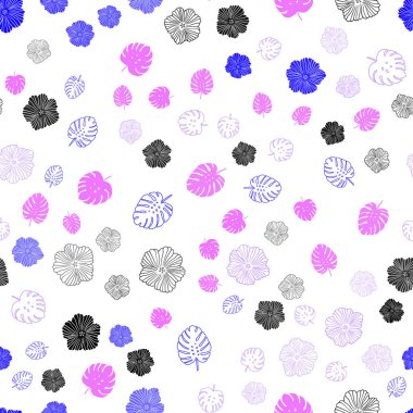 Hafif pembe, mavi vektör sorunsuz doodle arka plan ile yapraklar, çiçekler. Yaprak ve çiçek ile yeni renkli resimde. Kartvizit, Web siteleri için şablon.