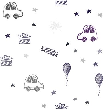 Koyu pembe, mavi tatil tarzı sorunsuz zemin vektör. İllüstrasyon renkli oyuncak araba, balon, şeker, yıldız, top ile. Tatil reklamlar için tasarım.