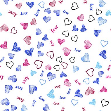 Açık mavi, kırmızı vektör sorunsuz zemin ile ifade Love You, kupa. Romantik illüstrasyon renkli ifade Love You, kalpleri ile. Tekstil, kumaş, duvar kağıtları için tasarım.