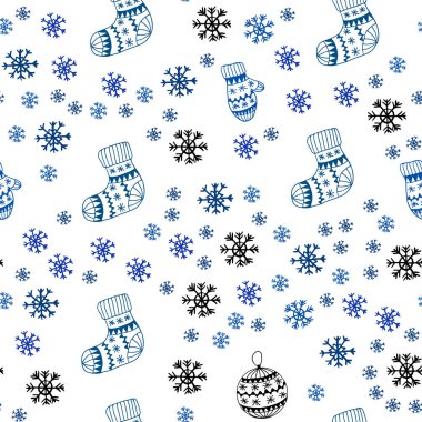 Koyu pembe, mavi Noel kar taneleri, toplar, çorap, eldiven ile Dikişsiz desen vektör. Renkli resimde Noel tarzda parlayan. Desen için modaya uygun Kumaş, duvar kağıtları.