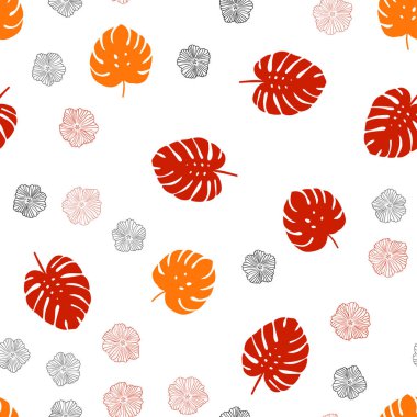 Çiçekler, yapraklar ile ışık turuncu vektör sorunsuz doodle düzeni. Renkli resimde doodle tarzı yaprakları, çiçekleri ile. Doku pencere panjur, perdeler için.