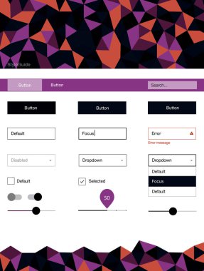 Koyu mavi, kırmızı üçgen tarzı kullanıcı arabirimi ux kiti vektör. UI Ux kiti başlığını poligonal renkli arka plan ile. Sen-ebilmek kullanma için açılış sayfaları bu şablonu.