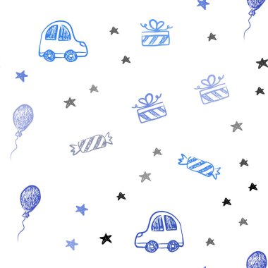 Koyu mavi vektör sorunsuz doku Doğum günü tarzı. Bir oyuncak araba, balon, şeker, yıldız, top ile illüstrasyon parlayan. Yeni yıl reklamlar için desen.