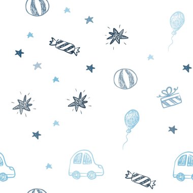 Koyu mavi tatil tarzı sorunsuz zemin vektör. İllüstrasyon renkli oyuncak araba, balon, şeker, yıldız, top ile. Karnaval, festival reklamlar için desen.