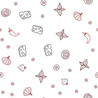 Koyu kırmızı taze malzemelerle Dikişsiz desen vektör. Resimde dizi doodle tarzı taze yiyecek. Desen reklamlar Kahvaltı, Öğle Yemeği, akşam yemeği için.
