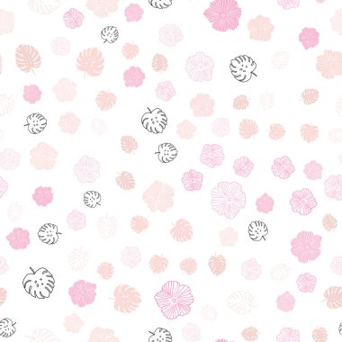 Hafif pembe vektör sorunsuz yaprakları, çiçekleri ile doku doodle. Parlayan resimde yaprak ve çiçek ile renkli. Desen tasarım kumaş, duvar kağıtları.