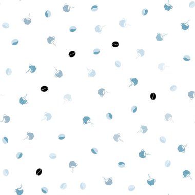 Kahve çekirdekleri kümesi ile mavi vektör sorunsuz kapak açık. Degrade illüstrasyon kümesiyle kupalar, fasulye. Kafe işletme reklamınız için tasarım doodle.