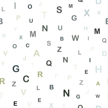 Açık mavi, latin alfabesi ile sorunsuz düzen vektör yeşil. Abc İngilizce sembolleri ile modern geometrik şekil. Tekstil, kumaş, duvar kağıtları için tasarım.