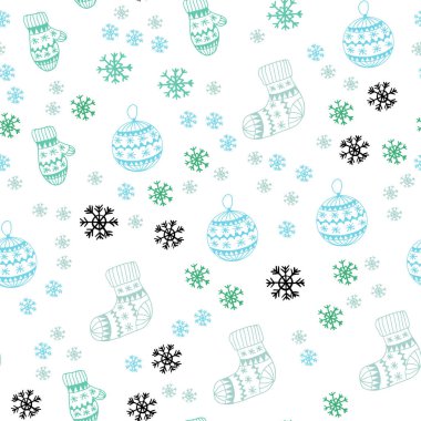 Açık mavi, yeşil vektör sorunsuz kapak güzel kar taneleri, toplar, çorap, eldiven ile. Renkli resimde xmas sembolleri ile. Kartvizit, Web siteleri için şablon.