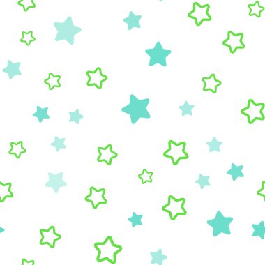 Açık mavi, yeşil vektör sorunsuz kapak ile küçük ve büyük yıldız. Yıldız ile renkli illüstrasyon parlayan. Tekstil, kumaş, duvar kağıtları için tasarım.