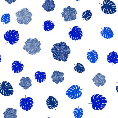 Çiçekler, koyu mavi vektör sorunsuz zarif desenle bırakır. Renkli resimde doodle tarzı yaprakları, çiçekleri ile. Desen tasarım kumaş, duvar kağıtları.