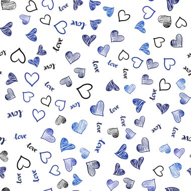 Koyu mavi metin Love You, kalpleri ile sorunsuz şablon vektör. Metin Love You, kalpleri ile doodle tarzında dizayn. Tekstil, kumaş, duvar kağıtları için tasarım.
