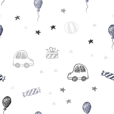 Koyu pembe, mavi sorunsuz yeni yıl stili düzeninde vektör. Resimde bir degrade oyuncak araba, balon, şeker, yıldız, top ile. Doğum günü hediyeleri için desen.