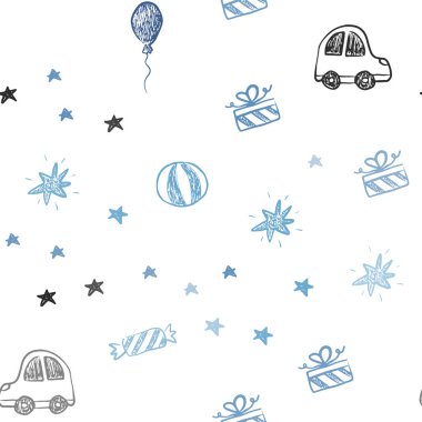 Hafif mavi vektör sorunsuz zemin tatil tarzı. Soyut illüstrasyon bir oyuncak araba, balon, şeker, yıldız, top ile. Tatil reklamlar için tasarım.