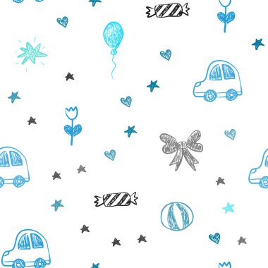 Koyu mavi sorunsuz doku Doğum günü hediyeleri ile vektör. Bir oyuncak araba, kalp, balon, lale, şeker, top ile illüstrasyon parlayan. Tatil reklamlar için tasarım.