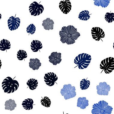 Çiçekler, koyu mavi vektör sorunsuz zarif şablonuyla bırakır. Bulanık stil yaprakları, çiçekleri ile yaratıcı çizimde. Tekstil, kumaş, duvar kağıtları için tasarım.