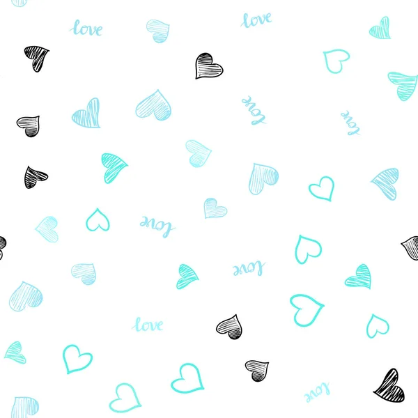 Light Blue Green Vector Seamless Background Words Love Hearts Illustration — Stock Vector