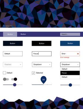 Koyu mavi, sarı malzeme tasarım kiti çizgilerle vektör. Renkli UI/ux kiti üstbilgi ile üçgen oluşuyordu. Bu örnek için sitesidir.