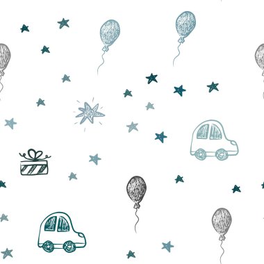 Koyu mavi, yeşil Noel tarzı Dikişsiz desen vektör. İllüstrasyon renkli oyuncak araba, balon, şeker, yıldız, top ile. Şablon için yeni yıl kartpostalları.