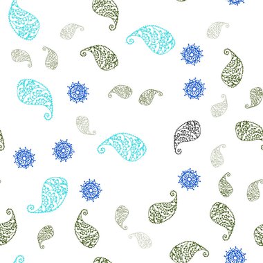 Açık mavi, vektör sorunsuz doodle düzeniyle yaprak ve çiçek yeşil. Beyaz arka plan üzerinde Hint tarzı dekoratif tasarım. Desen tasarım kumaş, duvar kağıtları.