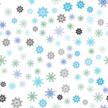 Açık mavi, yeşil vektör sorunsuz doku renkli kar taneleri ile. Bulanık arka plan gradyan ile kar. Desen tasarım pencere panjur, perdeler.