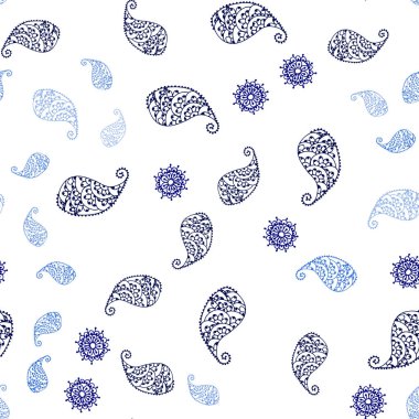 Koyu mavi vektör yaprak ve çiçek ile sorunsuz doodle doku. Renkli resimde doodle tarzı yaprakları, çiçekleri ile. Tasarım için duvar kağıdı, kumaş üreticileri.