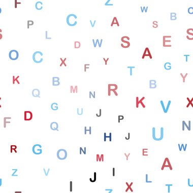 Açık mavi, kırmızı vektör Abc karakterlerle sorunsuz doku. Soyut illüstrasyon renkli latin alfabesi ile. Doku pencere panjur, perdeler için.
