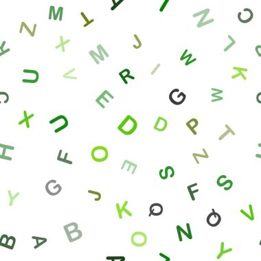 Açık yeşil, sarı vektör Abc sembolleri ile seamless modeli. Bulanık tasarım alfabe belirtileri ile basit tarzı. Tasarım için duvar kağıdı, kumaş üreticileri.