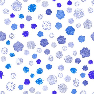 Yapraklar, çiçekler ile koyu mavi vektör sorunsuz doodle düzeni. Renkli resimde doodle tarzı yaprakları, çiçekleri ile. Desen için modaya uygun Kumaş, duvar kağıtları.