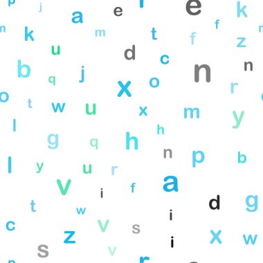 Açık mavi, vektör sorunsuz zemin İngilizce sembolleri ile yeşil. Abc sembolleri ile illüstrasyon soyut şablonunda parlayan. Desen için modaya uygun Kumaş, duvar kağıtları.