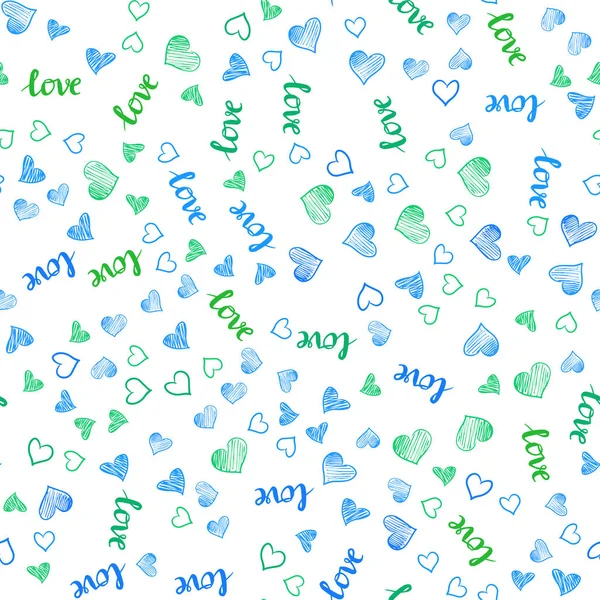 浅蓝色 绿色矢量无缝模板与文本爱你 一词的插图 情人节的心 百叶窗 窗帘的纹理 — 图库矢量图片