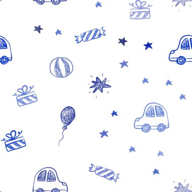 Koyu mavi tatil tarzı sorunsuz zemin vektör. Bir oyuncak araba, balon, şeker, yıldız, top ile xmas tarzında dizayn. Şablon için yeni yıl kartpostalları.