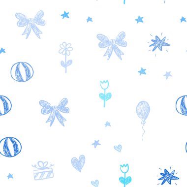 Hafif mavi vektör yeni yıl hediyeleri ile sorunsuz düzeni. Bir oyuncak araba, kalp, balon, lale, şeker, top ile illüstrasyon parlayan. Şablon için yeni yıl kartpostalları.