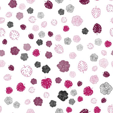 Hafif pembe vektör sorunsuz doodle yaprakları, çiçekleri ile arka plan. Yaprakları, çiçekleri beyaz arka plan üzerinde doğal tarzı. Desen için modaya uygun Kumaş, duvar kağıtları.