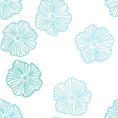 Açık mavi, vektör çiçekli sorunsuz zemin yeşil. Beyaz arka plan üzerinde kabataslak doodle çiçekler. Tasarım için duvar kağıdı, kumaş üreticileri.