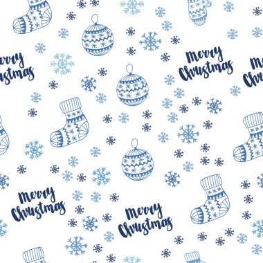Güzel kar taneleri, toplar, çorap, eldiven ile mavi vektör sorunsuz kapak açık. Renkli resimde xmas sembolleri ile. Tekstil, kumaş, duvar kağıtları için tasarım.