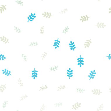 Açık mavi, yeşil yaprakları ile sorunsuz doğal sanat vektör. Glitter soyut illüstrasyon ile doodles ve bırakır. Doku pencere panjur, perdeler için.