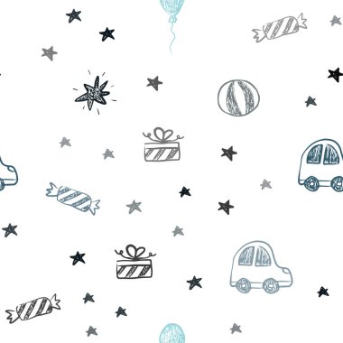 Koyu mavi vektör yeni yıl tarzı sorunsuz düzeni. Bir oyuncak araba, balon, şeker, yıldız, top ile xmas tarzında dizayn. Yeni yıl reklamlar için desen.