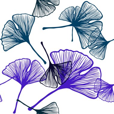 Koyu mavi vektörlü, yapraklı karalama deseni. Origami tarzındaki yaprakların gradyanlı karalama çizimi. Tekstil, kumaş ve duvar kağıtları için tasarım.