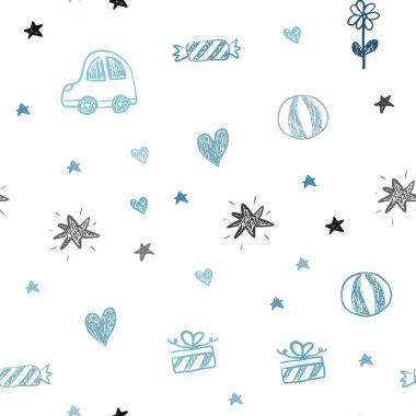 Hafif mavi vektör sorunsuz arka plan xmas özniteliklere sahip. Bir oyuncak araba, kalp, balon, lale, şeker, top ile illüstrasyon parlayan. Tasarım renkli reklam için.