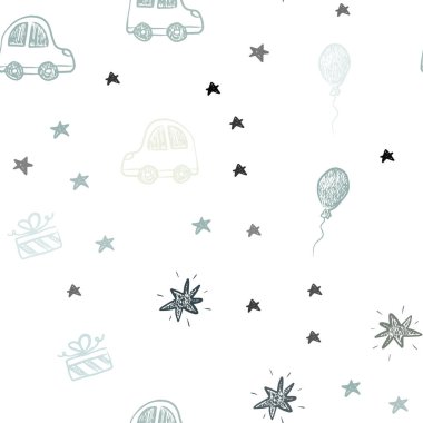 Açık mavi, yeşil vektör sorunsuz arka planda xmas tarzı. Renkli resimde bir oyuncak araba, balon, şeker, yıldız, top ile. Tatil reklamlar için tasarım.