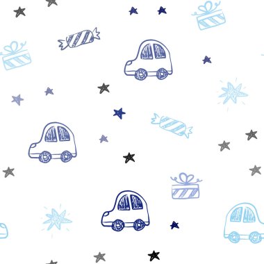 Koyu mavi vektör sorunsuz doku Doğum günü tarzı. Renkli resimde bir oyuncak araba, balon, şeker, yıldız, top ile. Doğum günü hediyeleri için desen.
